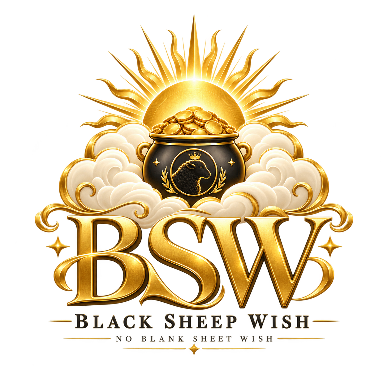 BSW gold emblem: a radiant sun, soft clouds and a pot of gold bearing a black sheep. Black Sheep Wish. No Blank Sheet Wish.